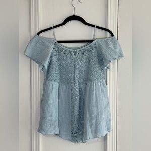 Blue Off-Shoulder Lace Blouse